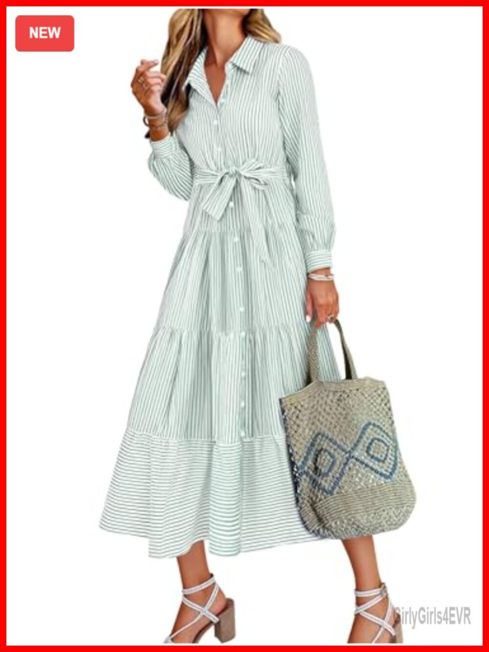 Long Sleeve Striped Maxi Shirt Dress Button Up Tie Waist Pockets